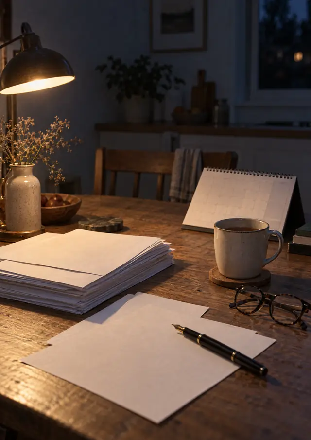 Küchentisch am Abend mit gestapelten Formularen, Kalender, Stift und einer Tasse Tee