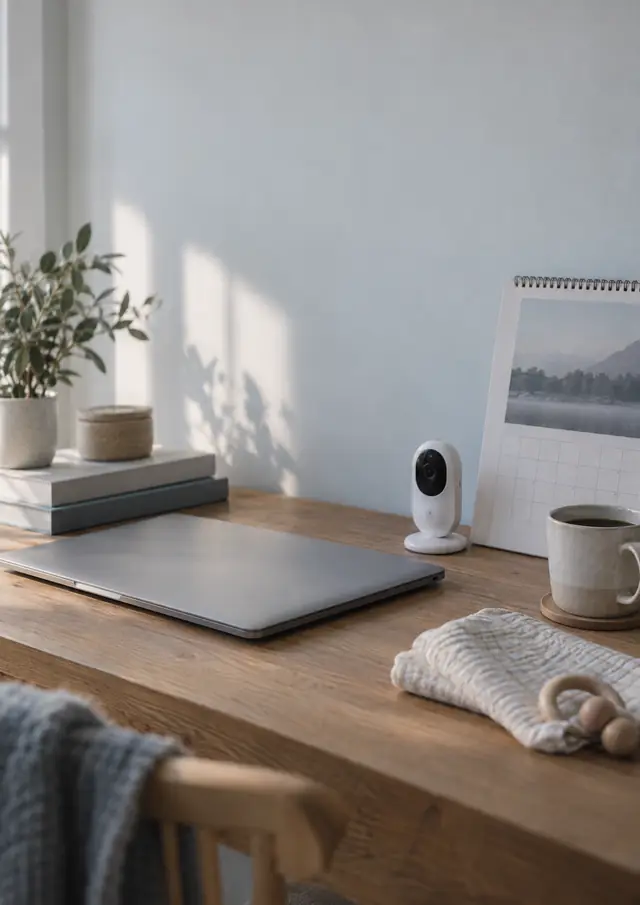 Schreibtisch mit geschlossenem Laptop, Babyfon, Wandkalender und einer Tasse Kaffee