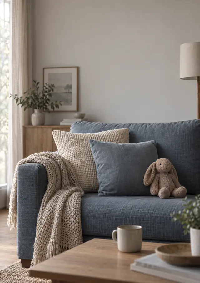 Ruhige Sofaecke mit zwei Kissen, einer gefalteten Decke und einem Kuscheltier