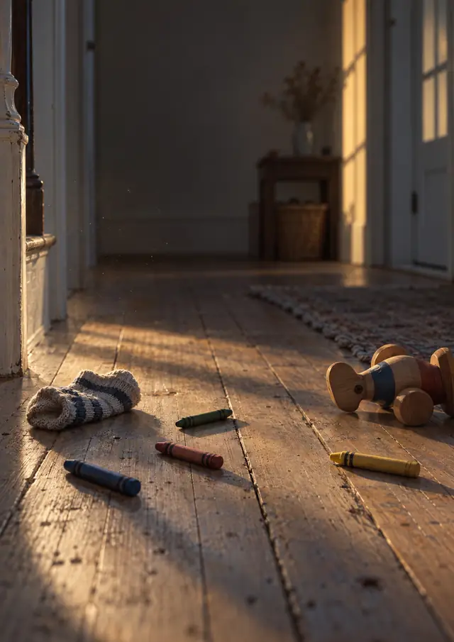 Verstreute Wachsmalstifte, eine kleine Socke und ein umgekipptes Holzspielzeug auf einem Dielenboden