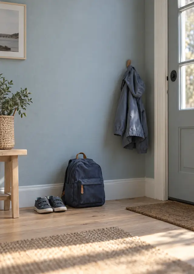 Flur mit gepacktem Kinderrucksack, ordentlich abgestellten Schuhen und einer Jacke am Haken